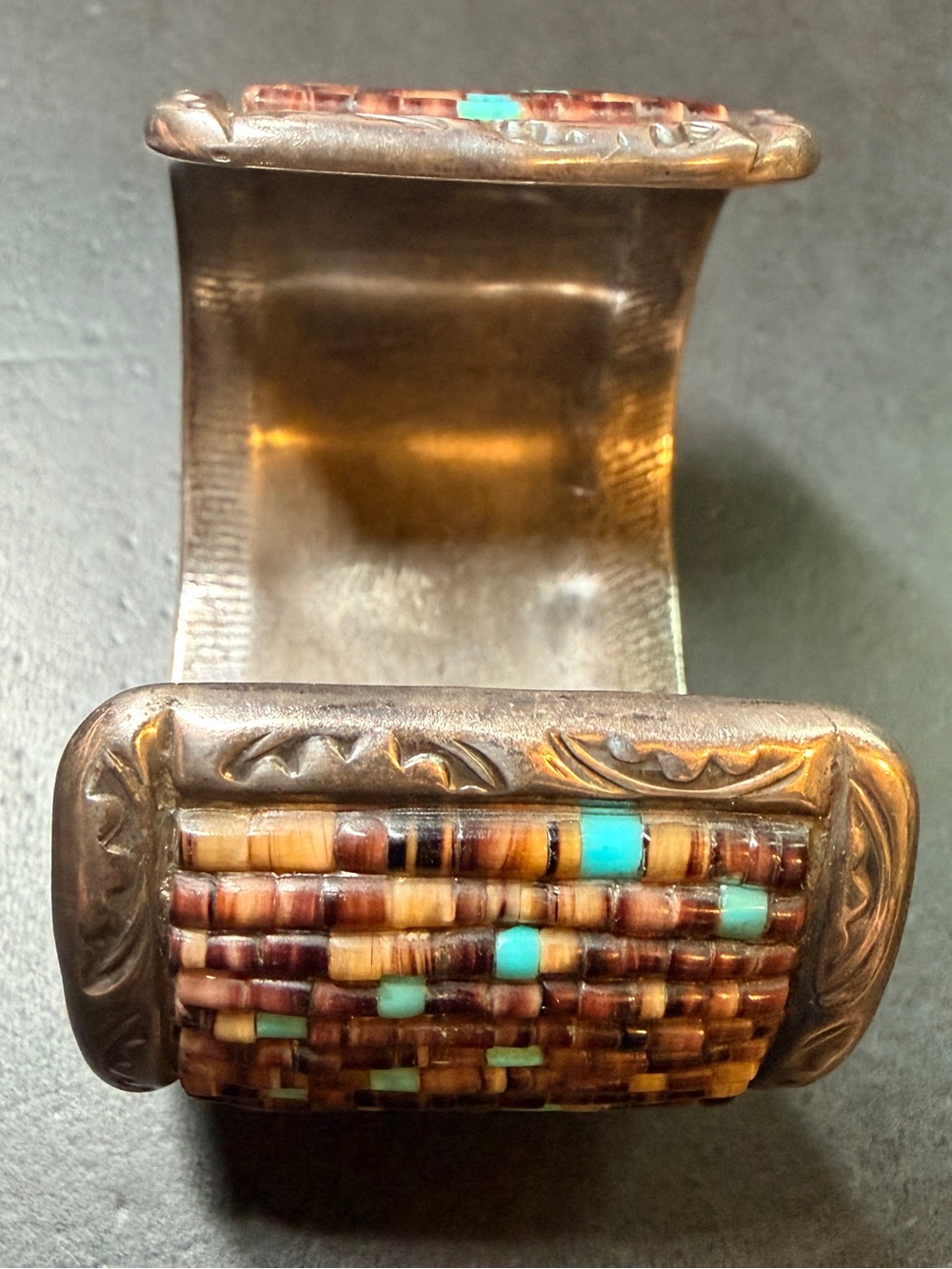 Native American Navajo Sterling Silver Penshell & Turquoise Heshi Cuff Bracelet - Picture 11 of 16